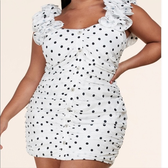 Polka-Dot Ruffled Ruched Silk-like Mini Dress - Picture 2 of 8